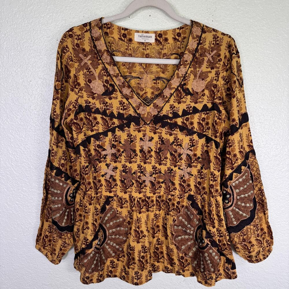 Talisman Top Womens Small Embroidered Boho Floral Peasant Blouse Art to Wear S